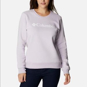 Columbia logo fleece crew sweatshirt. Large Lilac w/ lilac embossed M/W